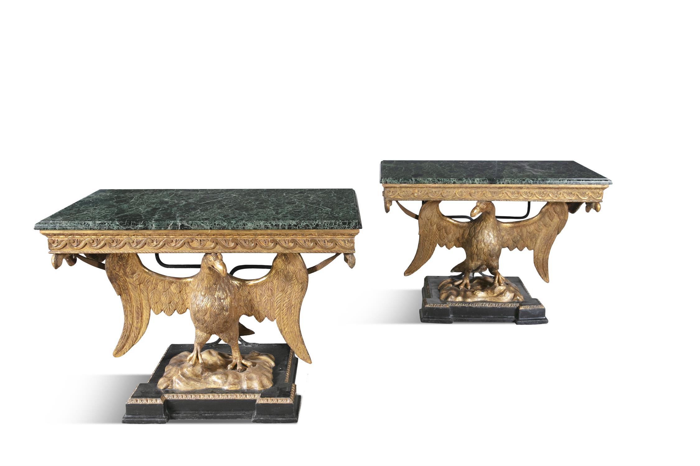 A PAIR OF 19TH CENTURY GEORGE III STYLE GILTWOOD CONSOLE TABLES, in the manner of William Kent,
