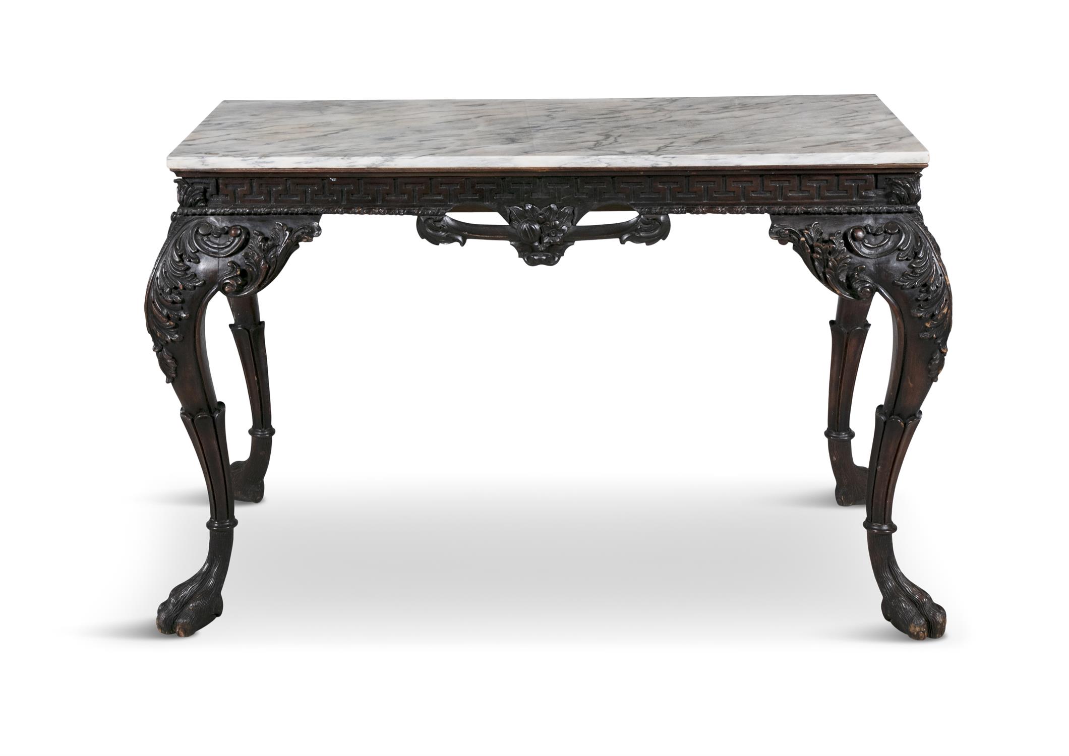 A GEORGE III STYLE SIDE TABLE, the rectangular white marble top above a geometric carved frieze,