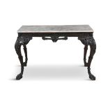 A GEORGE III STYLE SIDE TABLE, the rectangular white marble top above a geometric carved frieze,
