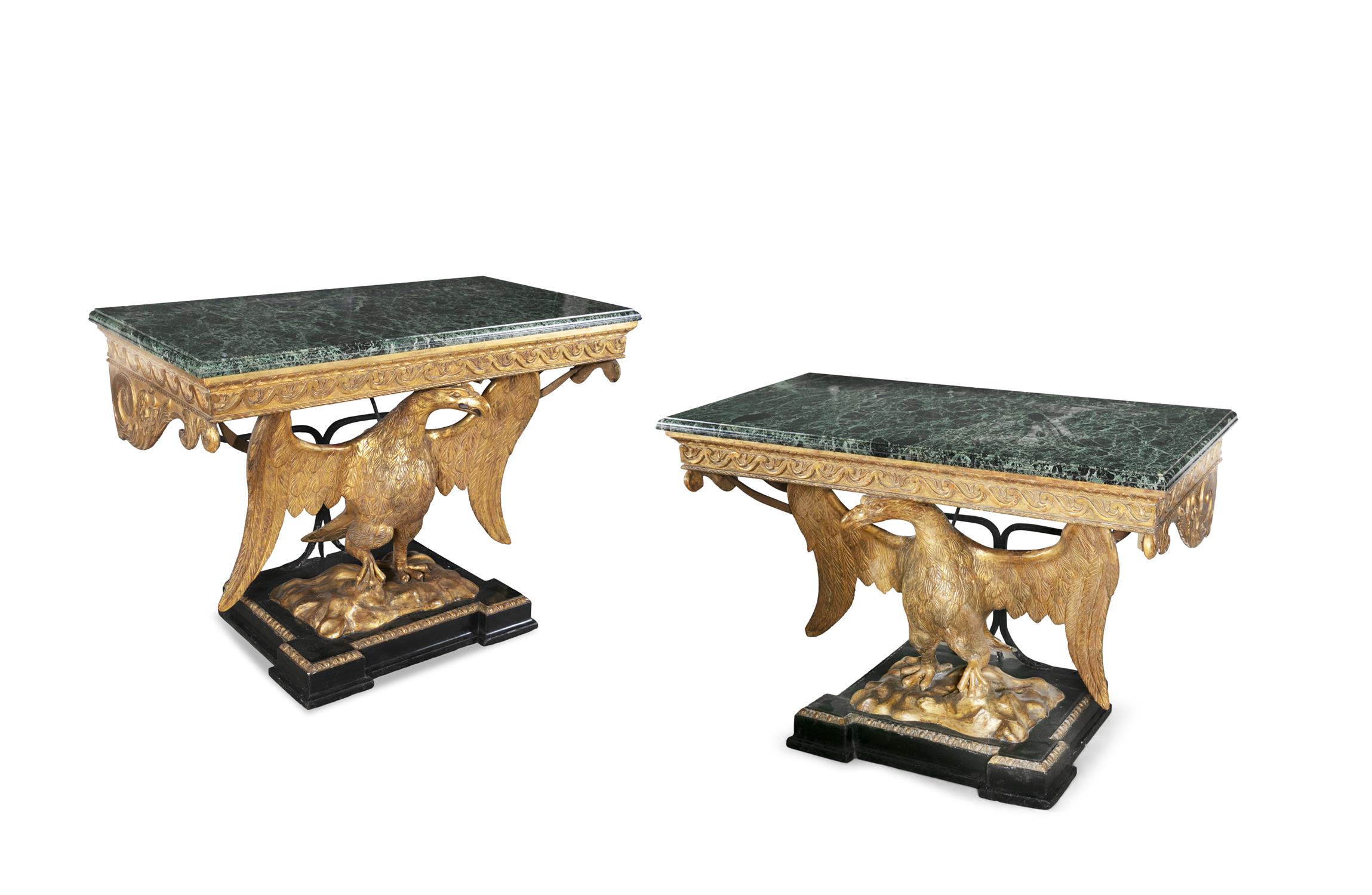 A PAIR OF 19TH CENTURY GEORGE III STYLE GILTWOOD CONSOLE TABLES, in the manner of William Kent, - Image 2 of 6