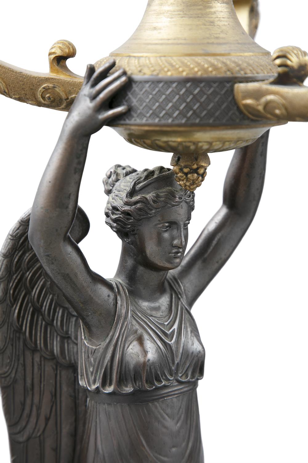 A PAIR OF FRENCH EMPIRE ORMOLU AND MARBLE FIGURAL CANDELABRA, modelled with a winged victory - Image 3 of 3