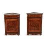 A PAIR OF LOUIS QUINZE STYLE KINGWOOD MARQUETRY AND BRASS MOUNTED CORNER CABINETS,