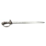 AN 18TH CENTURY HUNTING SHORT SWORD, the hilt mounted with white metal mounts, lion pommel,