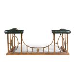 A VICTORIAN COPPER AND BRASS CLUB FENDER, fitted with angled padded seats to each corner,