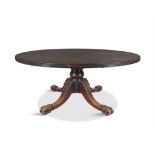 A WILLIAM IV IRISH MAHOGANY BREAKFAST TABLE, of circular form, the solid panel top with reeded edge,