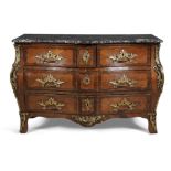 A FRENCH LOUIS XV TULIPWOOD, KINGWOOD AND MARBLE TOPPED COMMODE, of bombe shape, the dark mottled