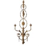 A SET OF FOUR NEO-CLASSICAL STYLE GILTWOOD AND GILTMETAL TWO LIGHT WALL SCONCES, with tall