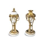 A PAIR OF 19TH CENTURY FRENCH ALABASTER AND ORMOLU REVERSIBLE CASSOULETS, of urn shape,