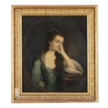 19TH CENTURY SCHOOL Portrait of a young woman in a blue dress, half length Oil on canvas,