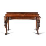 A REGENCY MAHOGANY BREAKFRONT SERVING TABLE, the raised platform top section above a frieze