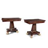 A PAIR OF REGENCY FLAME MAHOGANY AND MARQUETRY INLAID CARD TABLES, each with fold-over top,