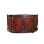 AN IRISH WALNUT AND MARBLE TOPPED DEMI-LUNE SIDE CABINET, by Williams and Gibton,