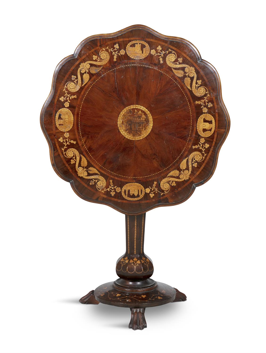 A VICTORIAN INLAID ARBUTUS KILLARNEY WORK CENTRE TABLE, the shaped circular top decorated with a - Image 2 of 3