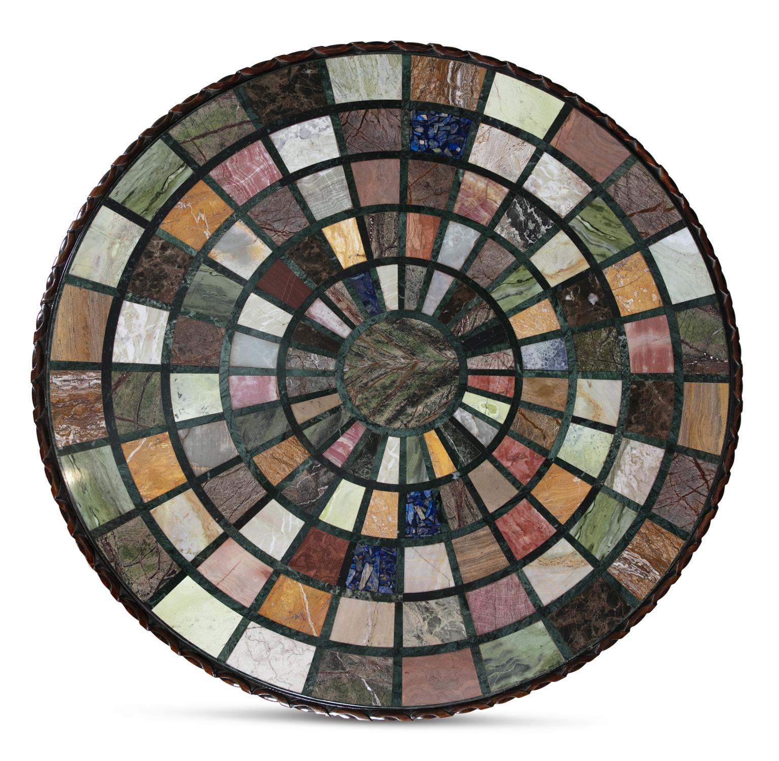 AN INLAID MARBLE TOP CIRCULAR CENTRE TABLE, the top radially set with specimen marbles on a green - Image 4 of 4