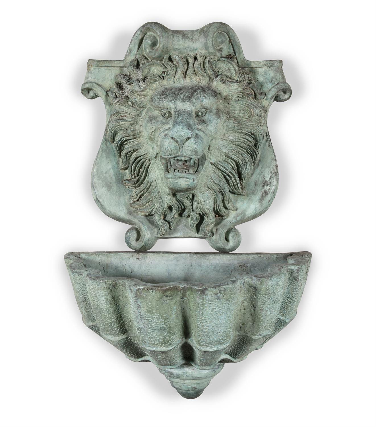 A GREEN PATINATED BRONZE GARDEN WATER FEATURE/ FOUNTAIN, in two parts with wall mounted cartouche