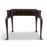 A GEORGE III MAHOGANY SHAPED RECTANGULAR FOLDING TOP CARD TABLE, c.1760, with rounded corners,