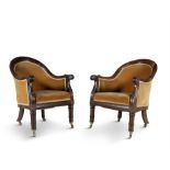A PAIR OF ROSEWOOD FRAMED UPHOLSTERED LIBRARY CHAIRS, c.1820, each of tub back design,