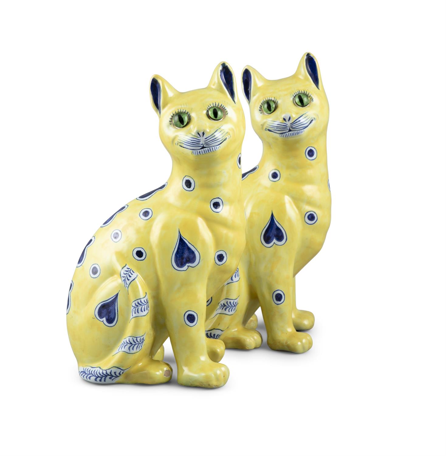 A PAIR OF GALLÉ FAIENCE WARE CATS, modelled in seat position, decorated with blue hearts and polka - Image 2 of 3