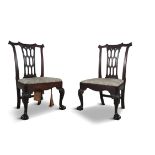 A PAIR OF IRISH MAHOGANY SIDE CHAIRS, C.1760, with carved pierced gothick splat backs,