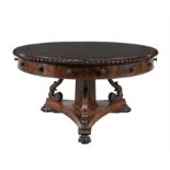 A WILLIAM IV MAHOGANY CIRCULAR LIBRARY TABLE, plain top with gadrooned rim above a frieze of