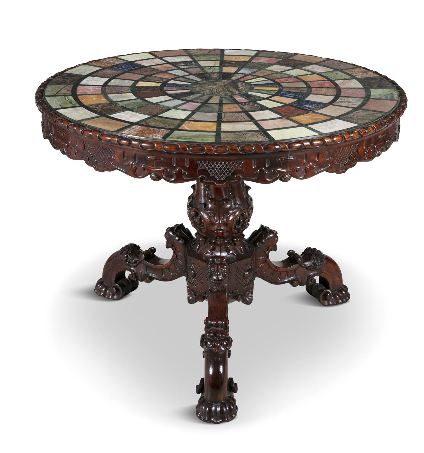 AN INLAID MARBLE TOP CIRCULAR CENTRE TABLE, the top radially set with specimen marbles on a green - Image 2 of 4