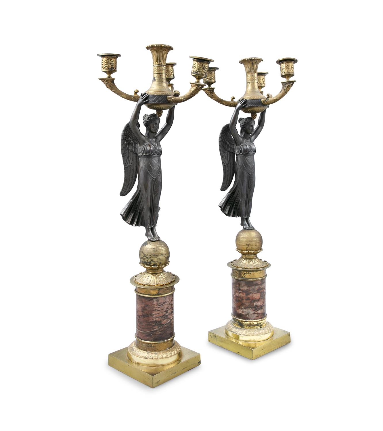 A PAIR OF FRENCH EMPIRE ORMOLU AND MARBLE FIGURAL CANDELABRA, modelled with a winged victory - Image 2 of 3