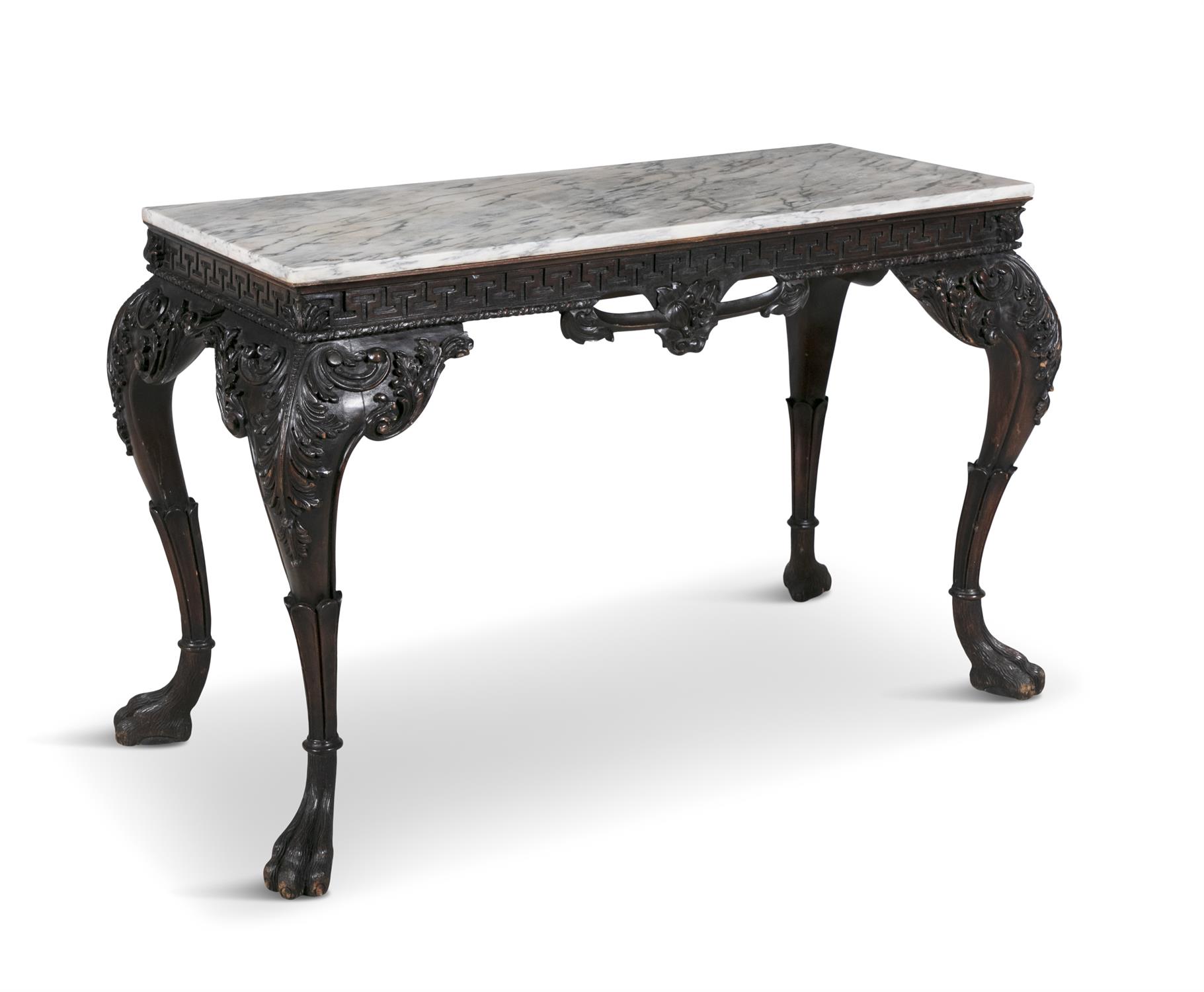 A GEORGE III STYLE SIDE TABLE, the rectangular white marble top above a geometric carved frieze, - Image 2 of 3