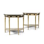 A PAIR OF GEORGE III GILTWOOD AND PAINTED TIMBER CONSOLE TABLES, with simulated marble tops and