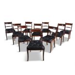 A FINE SET OF EIGHTEEN IRISH REGENCY MAHOGANY RAIL BACK DINING CHAIRS, each with solid tablet back,