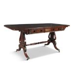 A GEORGE IV INLAID ROSEWOOD AND BRASS DOUBLE DROP LEAF SOFA TABLE, with twin frieze drawers with