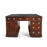 A MAHOGANY PARTNERS PEDESTAL DESK, 19TH CENTURY, the moulded rectangular top with tooled green