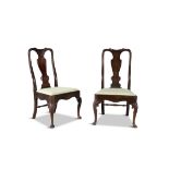 A PAIR OF RED WALNUT GEORGE II SIDE CHAIRS, each with vase shaped splat back and drop-in