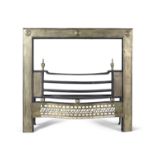A GEORGE III IRON FRAMED BRASS REGISTER FIRE GRATE, the frame with engraved decoration and roundels,