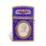 A LOUIS XVI GOLD AND ENAMEL CARNET-DE-BAL, the blue enamel ground decorated with studded diamonds