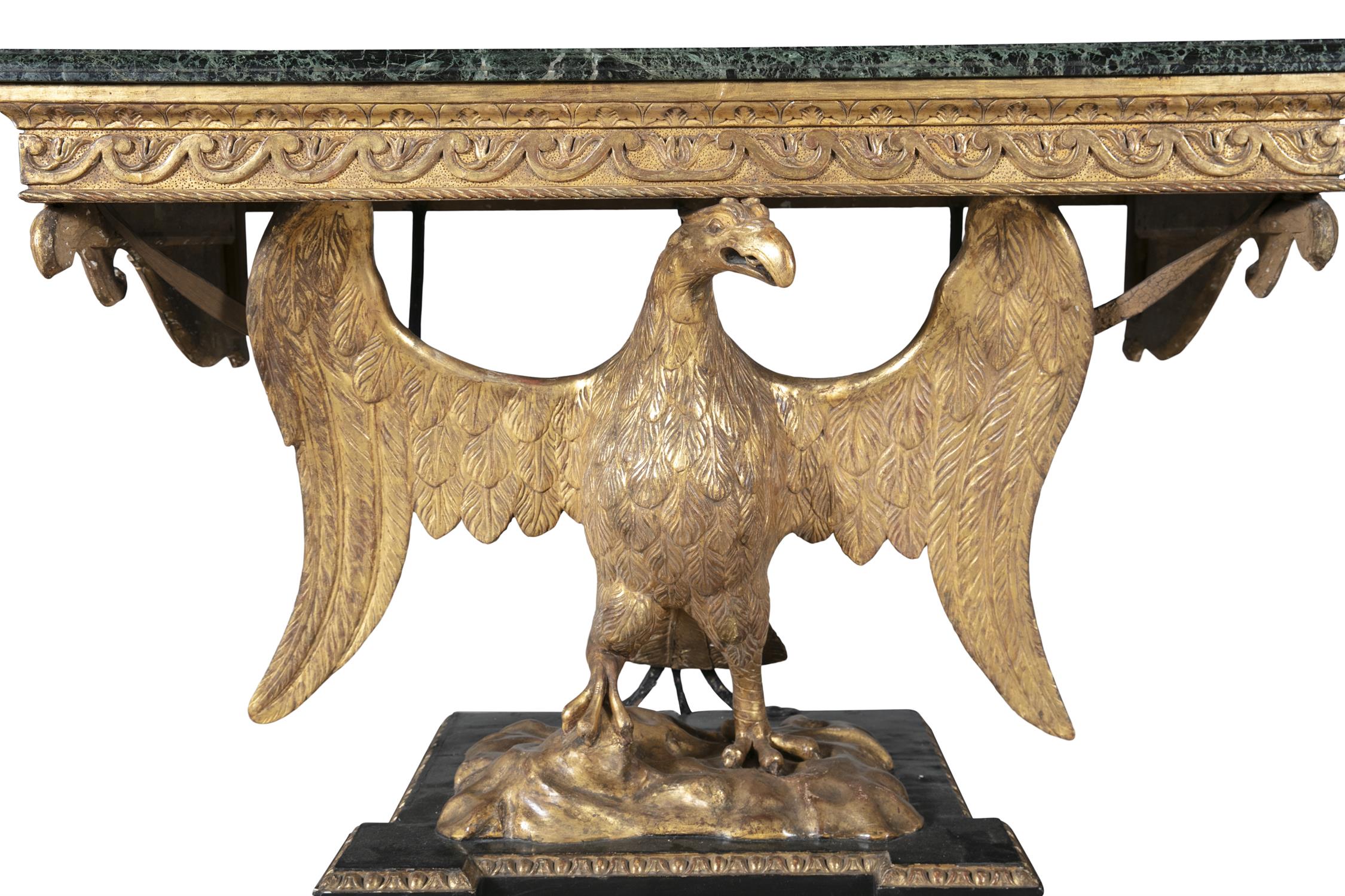 A PAIR OF 19TH CENTURY GEORGE III STYLE GILTWOOD CONSOLE TABLES, in the manner of William Kent, - Image 5 of 6