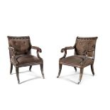 A PAIR OF REGENCY STYLE SIMULATED ROSEWOOD AND GILT ARMCHAIRS, upholstered in brown fabric,