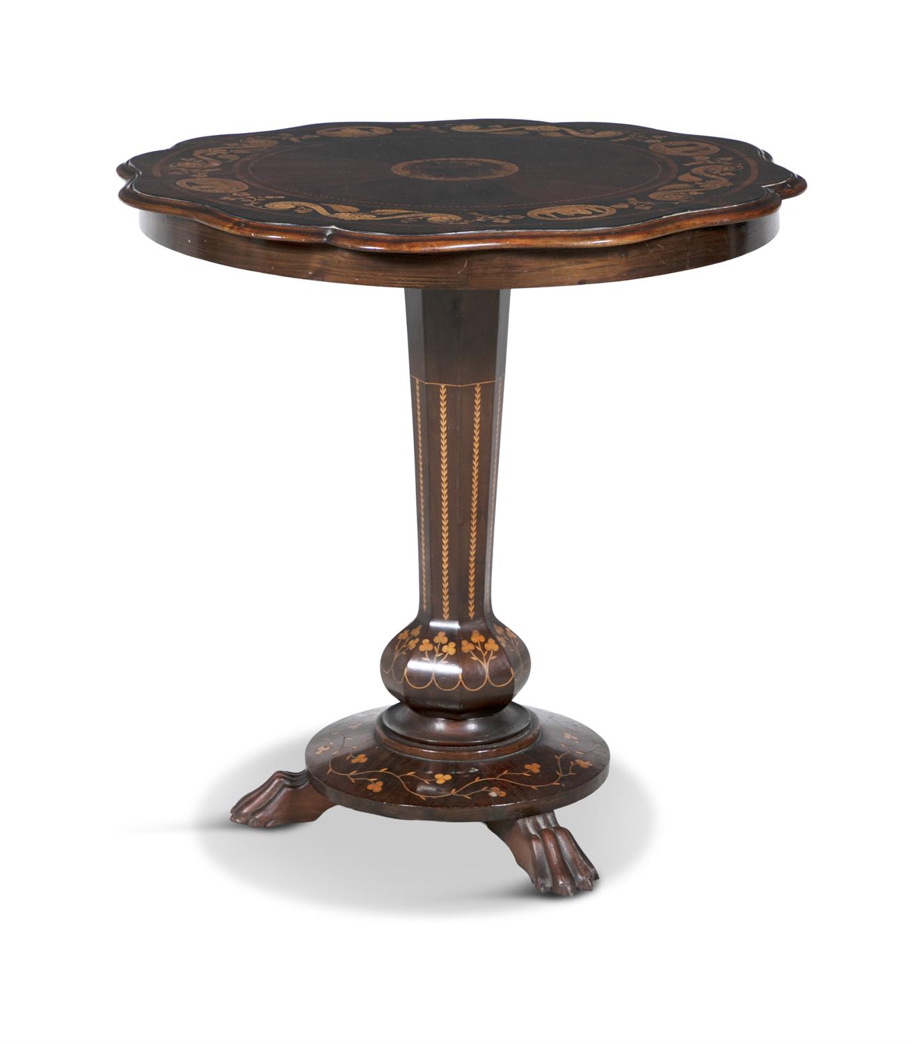 A VICTORIAN INLAID ARBUTUS KILLARNEY WORK CENTRE TABLE, the shaped circular top decorated with a