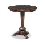 A VICTORIAN INLAID ARBUTUS KILLARNEY WORK CENTRE TABLE, the shaped circular top decorated with a