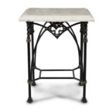 A PAIR OF GOTHIC REVIVAL FAUX MARBLE TOPPED SIDE TABLES, on wrought iron bases. 53 x 43 x 67cm