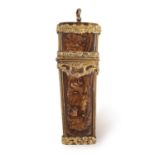 AN 18TH CENTURY FRENCH BROWN AGATE AND GOLD MOUNTED NECESSAIRE, of tapering pendular form decorated
