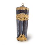 AN 18TH CENTURY FRENCH AGATE AND GOLD MOUNTED NECESSAIRE, of tapering pendular form decorated with