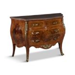 AN ITALIAN KINGWOOD, OLIVEWOOD AND MARBLE TOP COMMODE, in Louis XV style, of bombe shape,