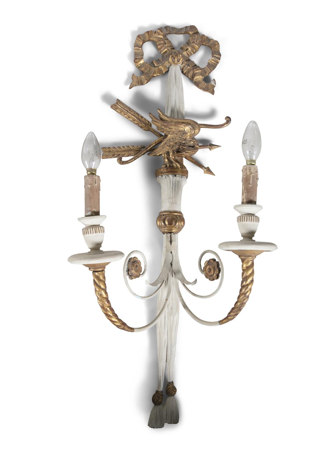 A SET OF FOUR REGENCY STYLE CREAM PAINTED AND GILT TWO-LIGHT WALL SCONCES, with tied ribbons, - Image 2 of 3