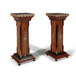 A PAIR OF DECORATIVE BURLWOOD AND PARCEL EBONISED SQUARE PEDESTALS, the tops with foliate border