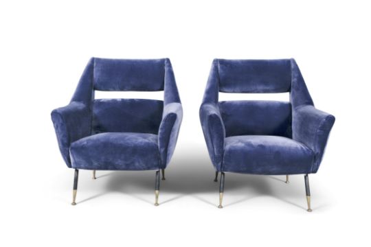 ARMCHAIRS A pair of mid-century velvet upholstered armchairs, Italy, c.1950. 80 x 80 x 89cm (h) - Image 1 of 4