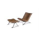 ARNE NORELL (1917 - 1971) Ari Lounge chair and ottoman in brown leather and chrome plated frame,