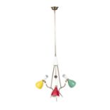 LIGHT A brass ceiling light, with three coloured enamel shades, Italy, c.1950. 96.5cm (h)