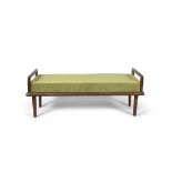 BENCH A mid-century bench with a green velvet upholstered seat, c.1960s. 130 x 55 x 43cm (h)