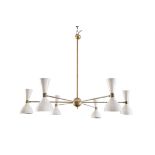 CEILING LIGHT A brass and enamel six arm sputnik ceiling light, Italy. 120 x 120 x 92 (h)