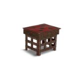 A CHINESE EXPORT RED LACQUER COLLASPABLE TABLE, the rectangular top decorated with circular medallio